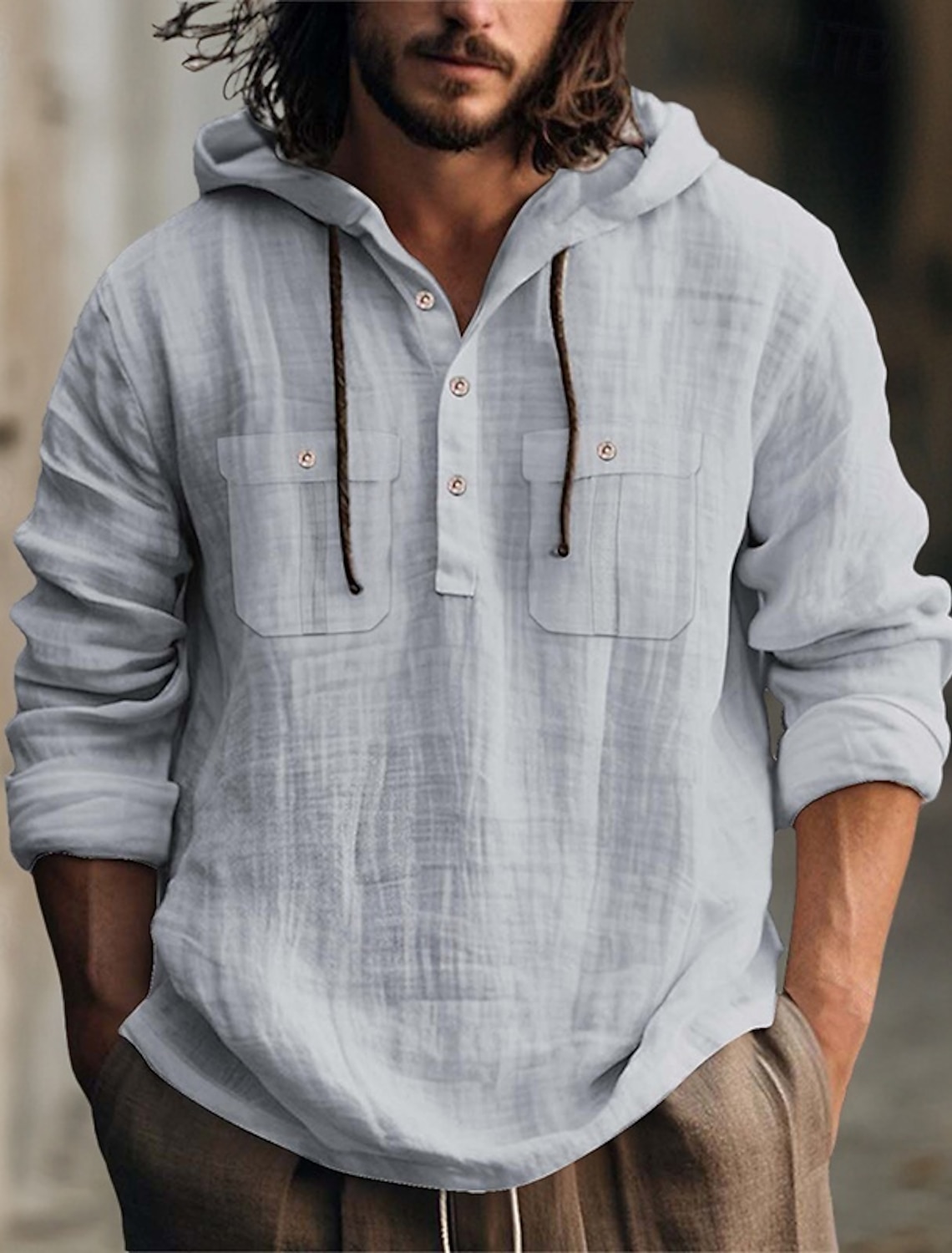 Men's Shirt Linen Shirt Summer Shirt Beach Shirt Hooded Shirt Plain Casual Daily Black White Blue Brown Long Sleeve Hooded Spring & Summer Clothing Apparel