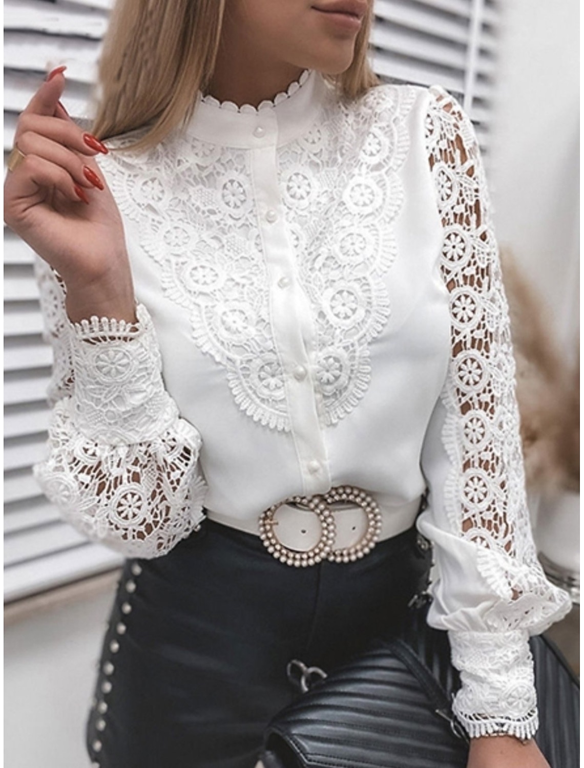 Women's Shirt Blouse Eyelet top White Eyelet Tops Picture color 2 Plain Lace Cut Out Long Sleeve Casual Daily Elegant Round Neck Regular S