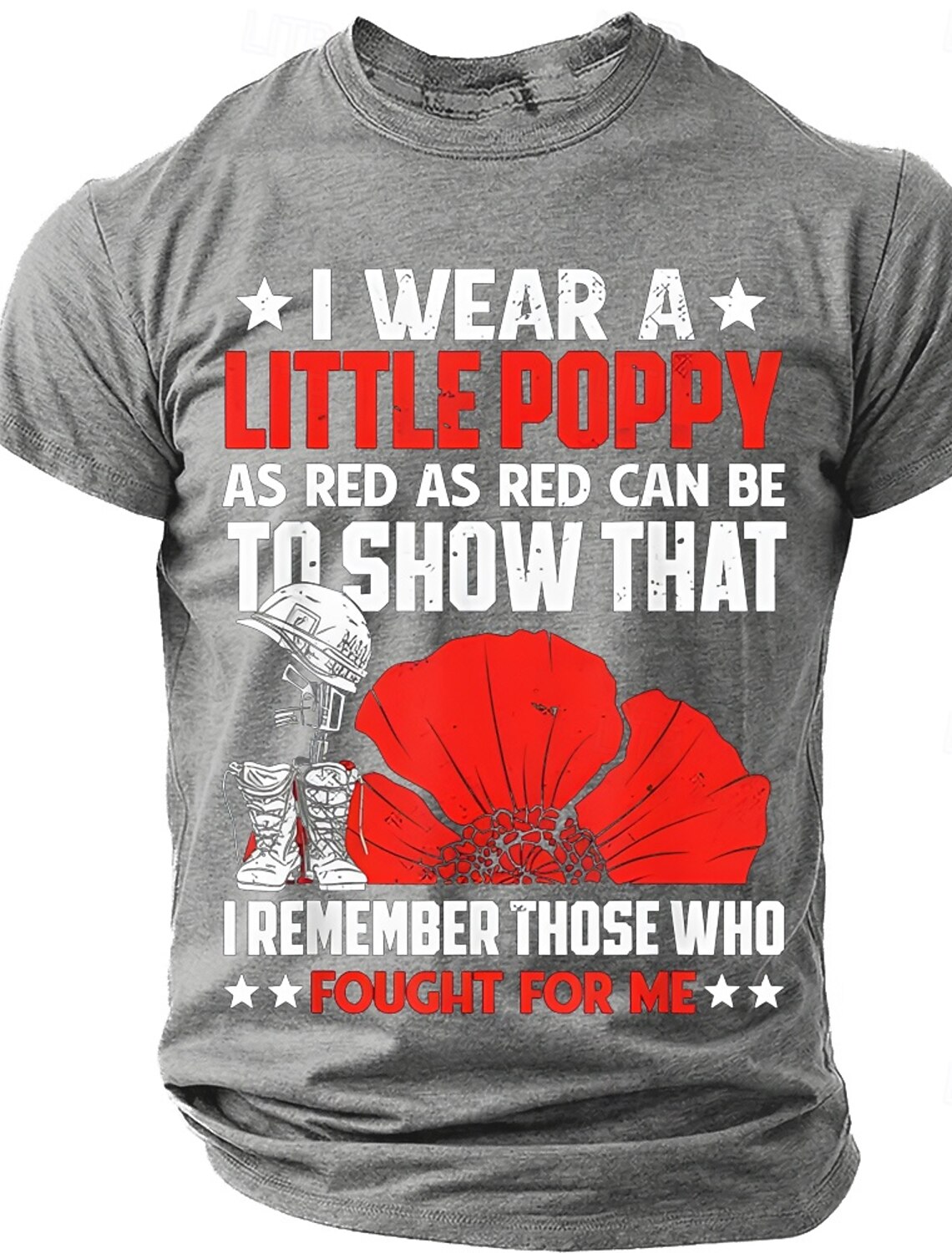 Memorial Day Remembrance Day I Wear A Little Poppy As Red As Red Can Be Men's Soldier Helmet Red Poppy Patriotic Graphic T Shirt Short Sleeve Crew Neck Tee Designer Clothing Apparel S M L XL XXL XXXL