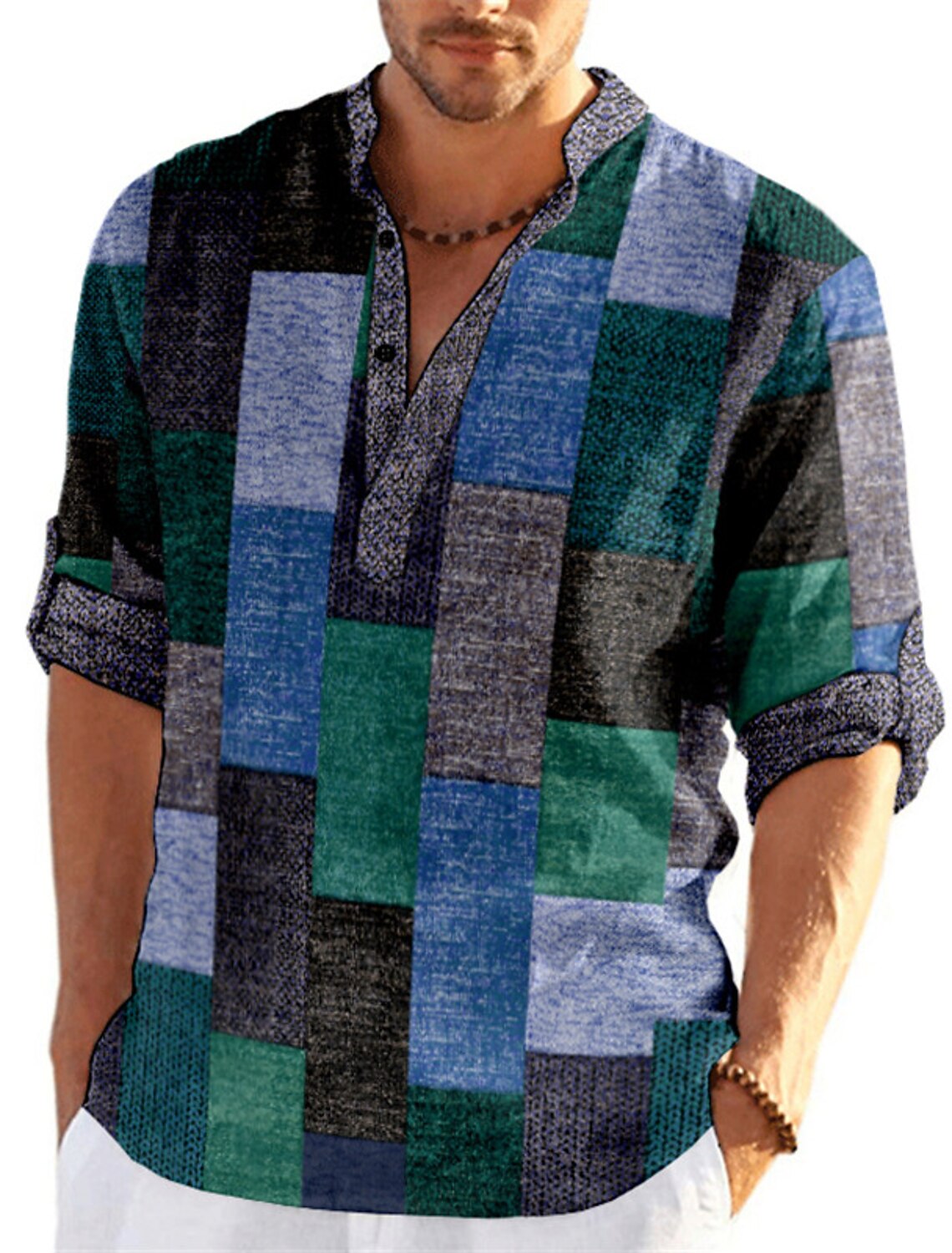 Men's Plaid / Check Patchwork Geometric Pattern Shirt Button Up Shirt Long Sleeve Fashion Streetwear Designer Casual Going out Summer Spring Fall Stand Collar Print Blue Khaki Khaki+Khaki Black White