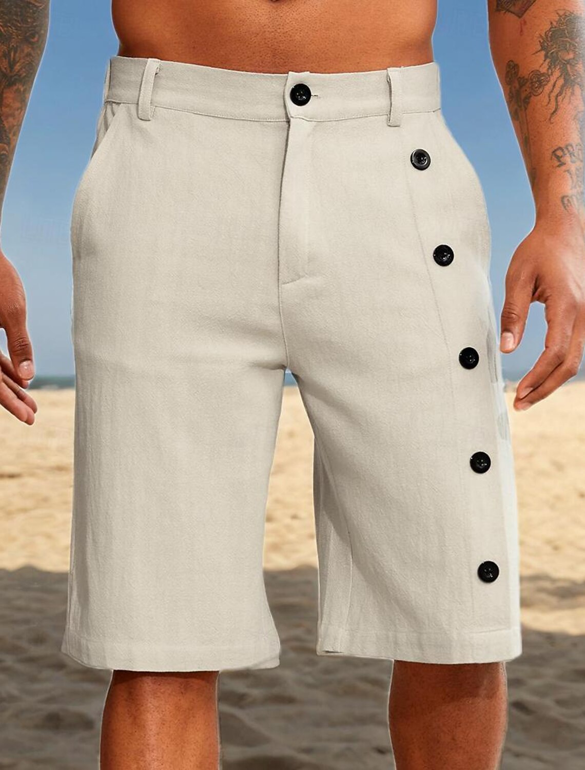 Men's Shorts Linen Summer Pocket Side Button Straight Leg Solid Color