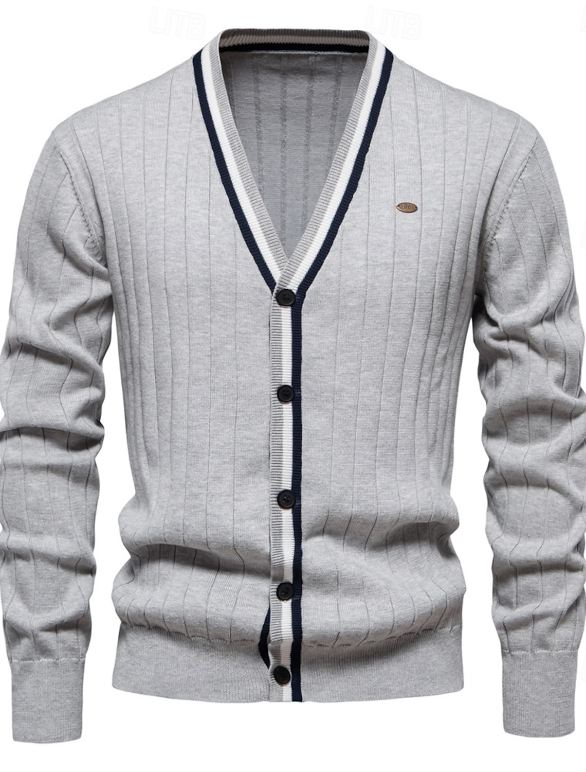 Men's Cardigan Sweater Knit Button Up with White Trim Striped Deep V