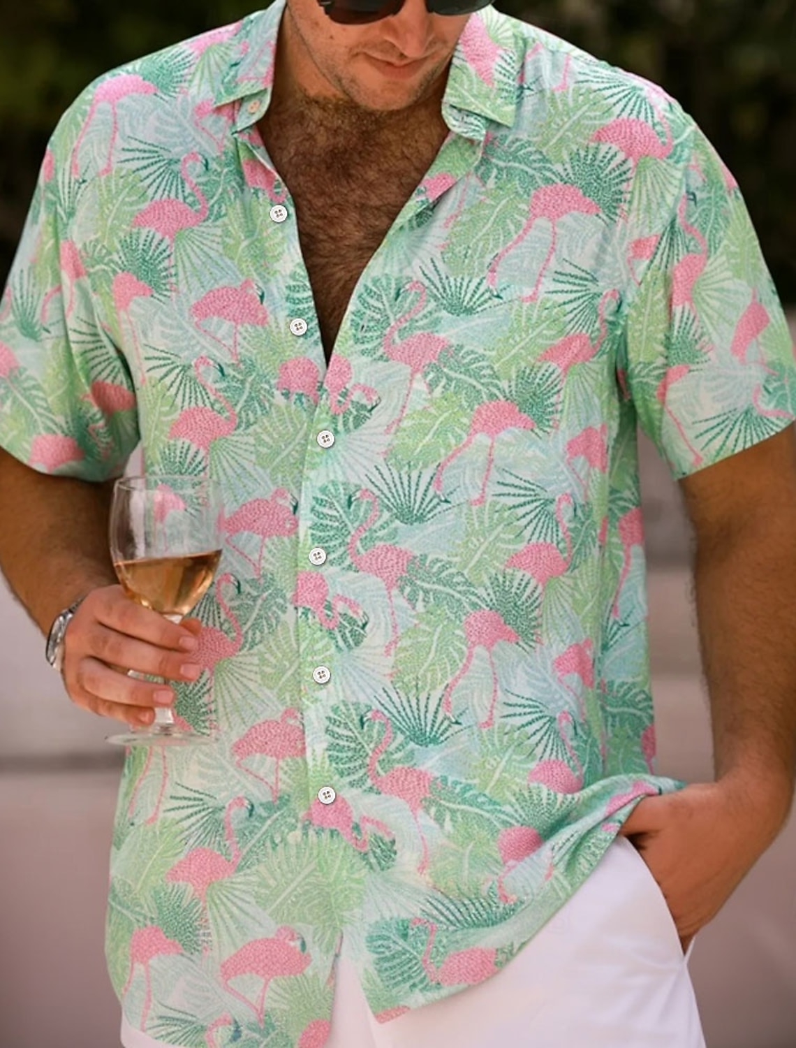 Men's Flamingo Tropical Plants Summer Hawaiian Shirt Button Up Shirt Aloha Shirt Short Sleeve Hawaiian Resort Vacation Holiday Beach Wear Summer Spring Turndown 3D Print Collared Shirts Green