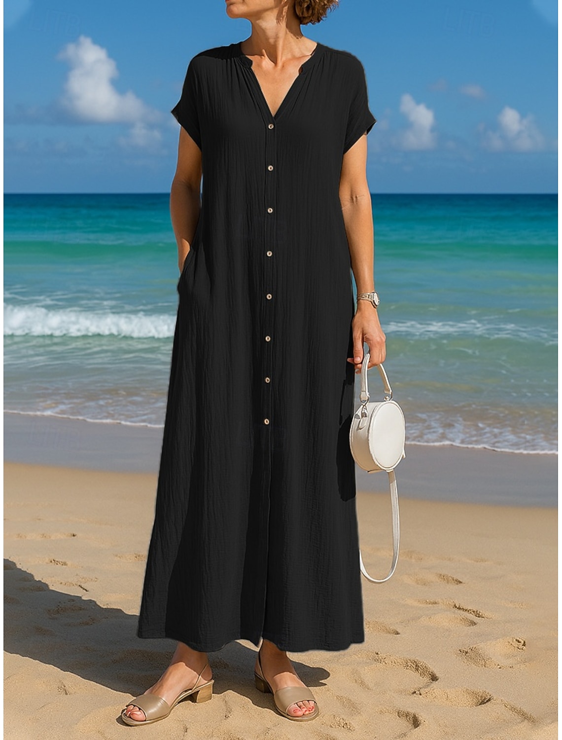 Women's Cotton Linen Maxi Dress A Line Dress Summer Dress Casual Daily Loose Fit Plain Short Sleeve V Neck Blue Black White Camel Summer