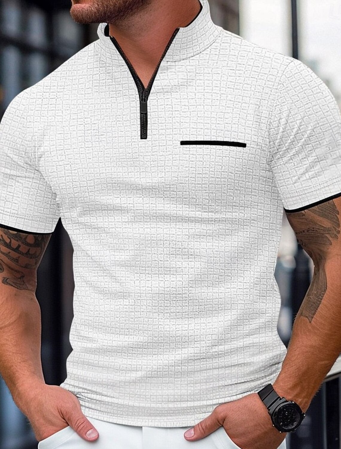 Men's Waffle Polo Shirts Zip Casual Holiday Quarter Short Sleeve