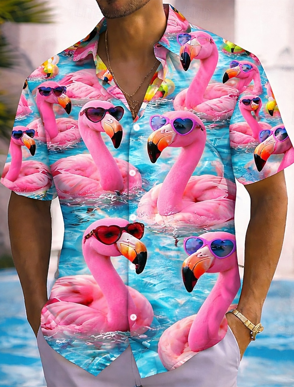 Men's Flamingo Rubber Duck Summer Hawaiian Shirt Button Up Shirt Aloha Shirt Short Sleeve Hawaiian Vacation Beach Wear Summer Spring Turndown 3D Print Collared Shirts Blue