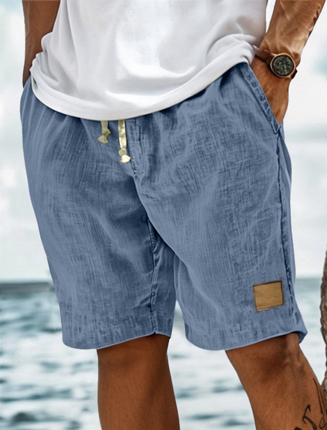 Men's Shorts Summer Beach Pocket Elastic Waist Drawstring Plain #2