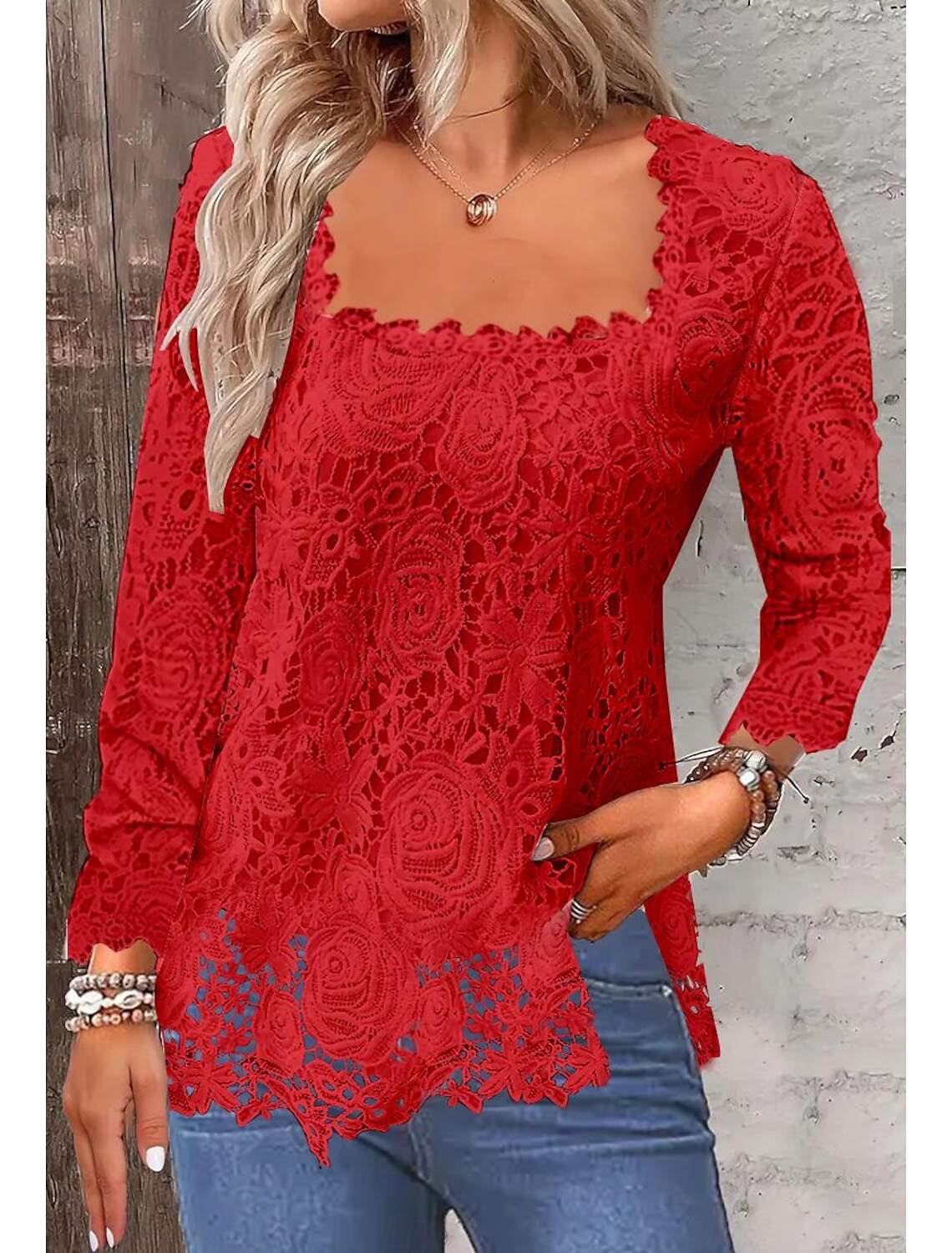 Shirt Lace Shirt Blouse Eyelet top Women's Plain Lace Street Daily Fashion Square Neck Regular Fit S