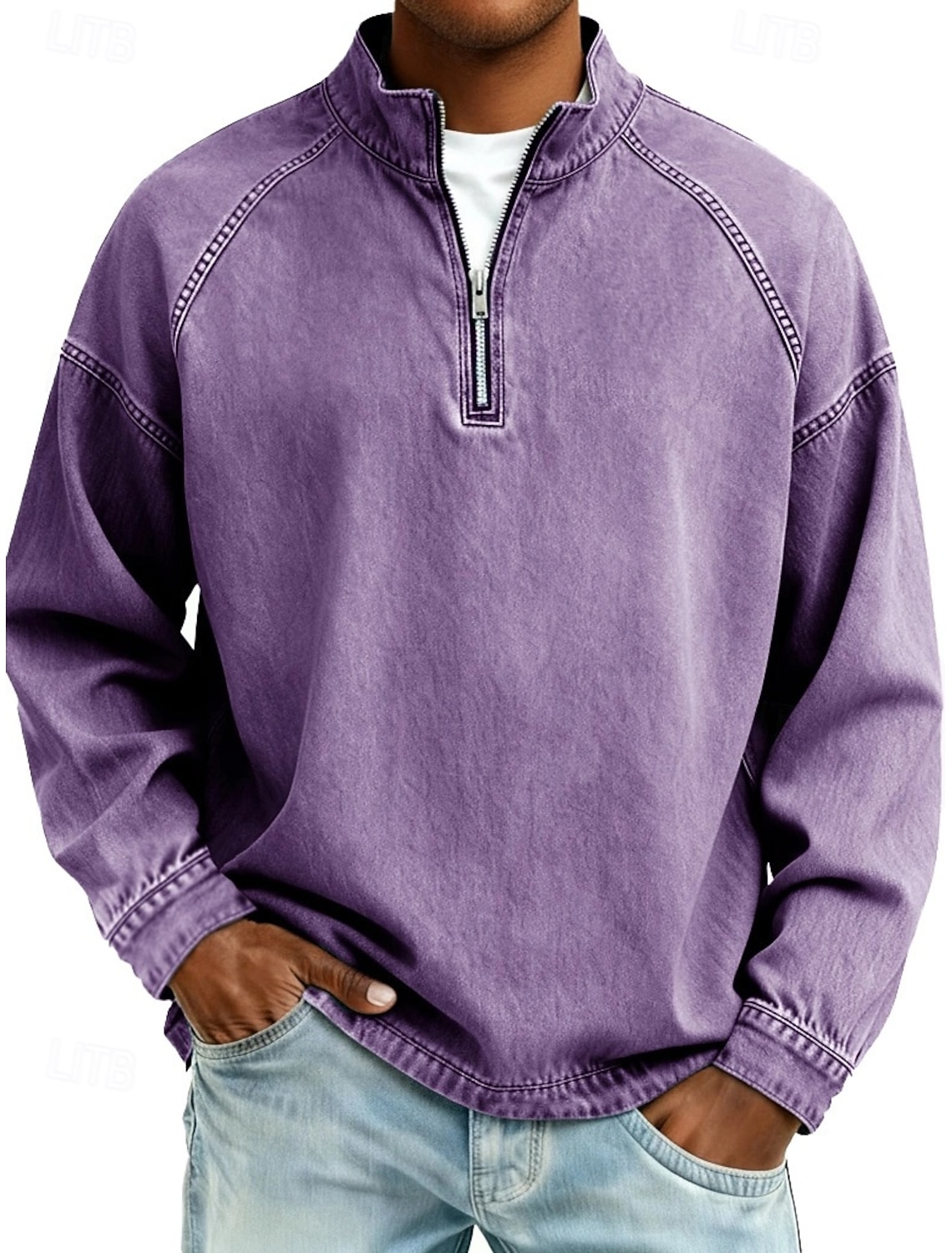 SoftFade™ Men's 100% Cotton Acid Wash Shirt Tee Top Long Sleeve Stand Collar Spring Fall Plain Vintage Streetwear Casual Zip Up Basic Casual Home Street Black Pink Top Tee for Men