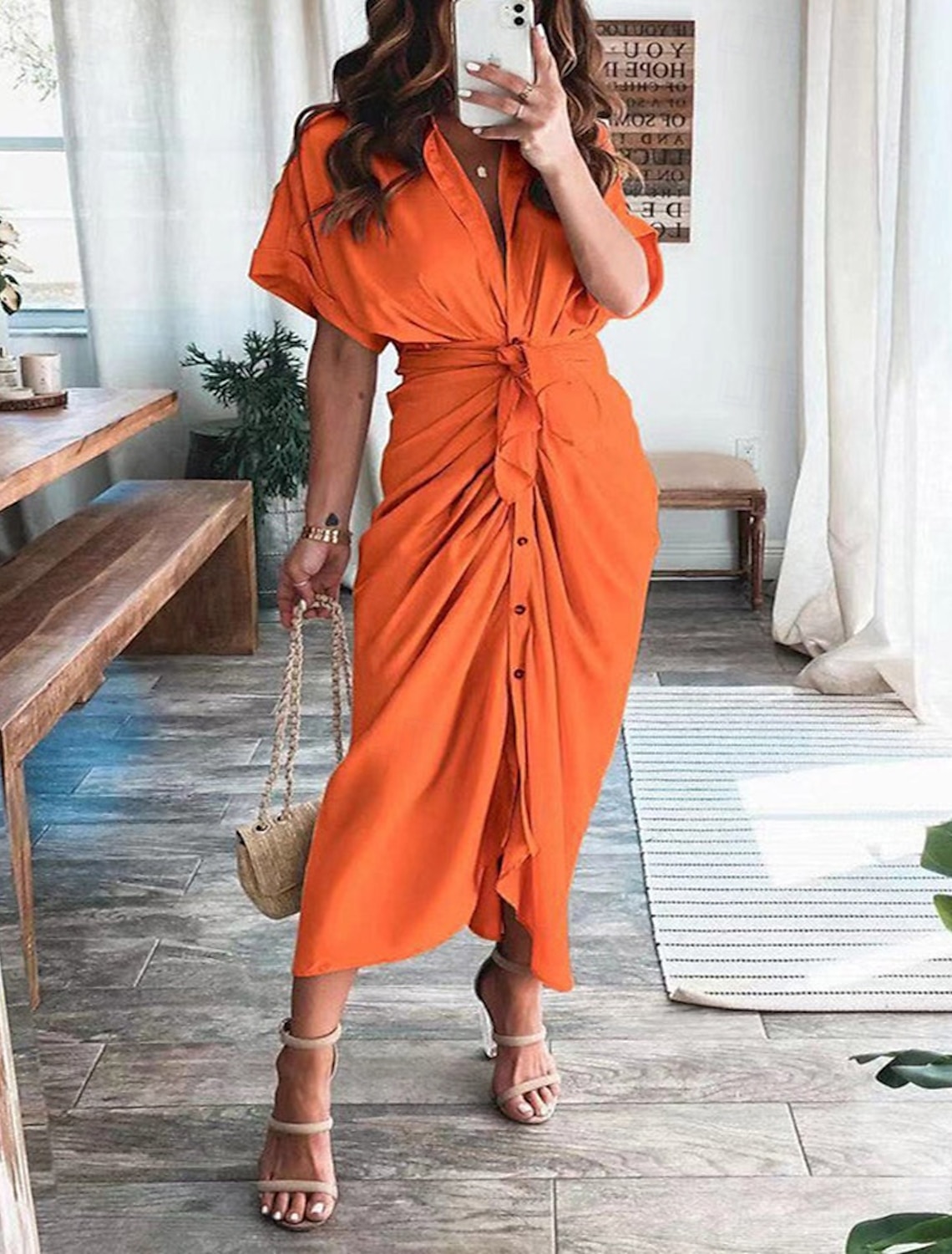 Women's Long Dress Maxi Dress Shirt Dress Casual Dress Summer Dress Stylish Casual Daily Vacation Date Regular Fit Plain Short Sleeve Lapel Black Champagne Red Orange Summer Spring