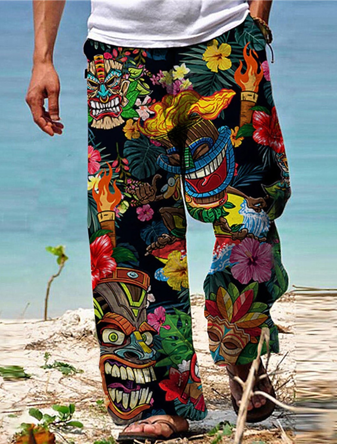 Men's Trousers Summer Pants Beach Pants Drawstring Elastic Waist Straight Leg Animal Plants Graphic Prints Comfort Casual Daily Holiday Hawaiian Designer Black Yellow