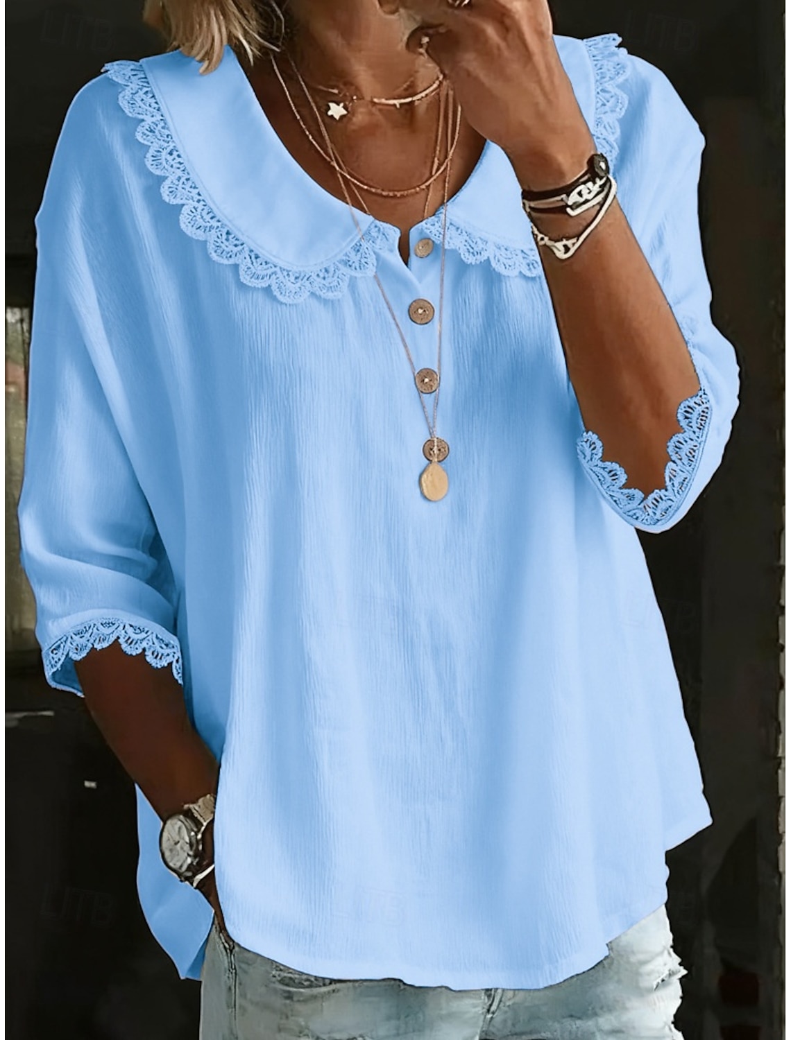 Women's Popover Shirt Summer Shirt Casual Shirt Blouse Lace Trim Solid Color Vacation Stylish Casual 3/4 Length Sleeve Turndown Regular Tops Daily Outdoor Holiday Blue White Yellow Pink Summer Spring