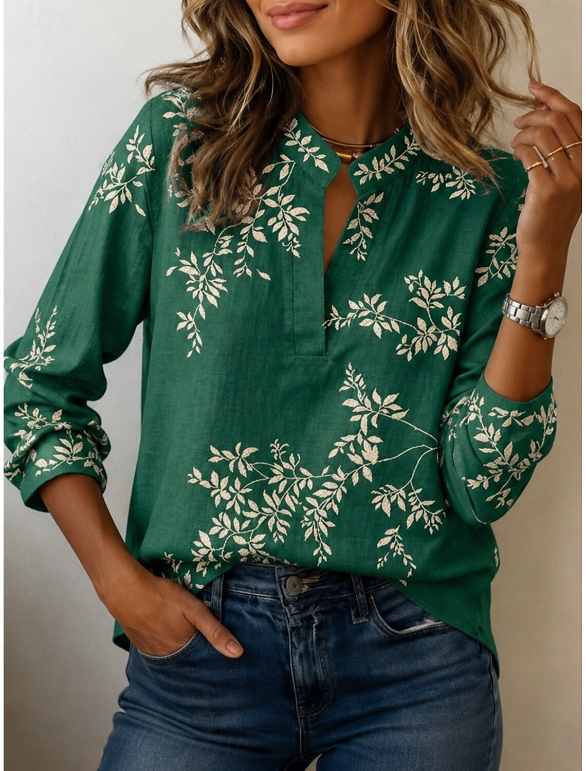Women's Shirt Print Ombre Floral Graphic Vintage Stylish Long Sleeve V Neck Mandarin Collar Regular Tops Casual Daily Holiday White Light Green Dark Green Summer Spring