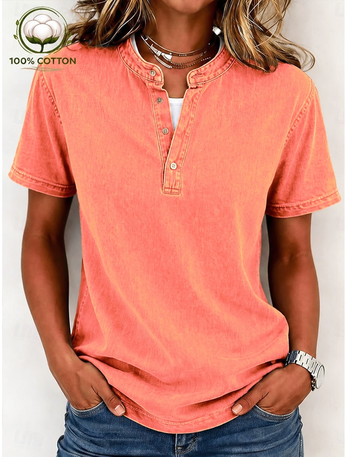 SoftFade™ Women's 100% Cotton Henley Shirt Vintage Fashion Stylish Short Sleeve Regular Tops Casual Beach Blue Khaki Black Purple Orange Spring
