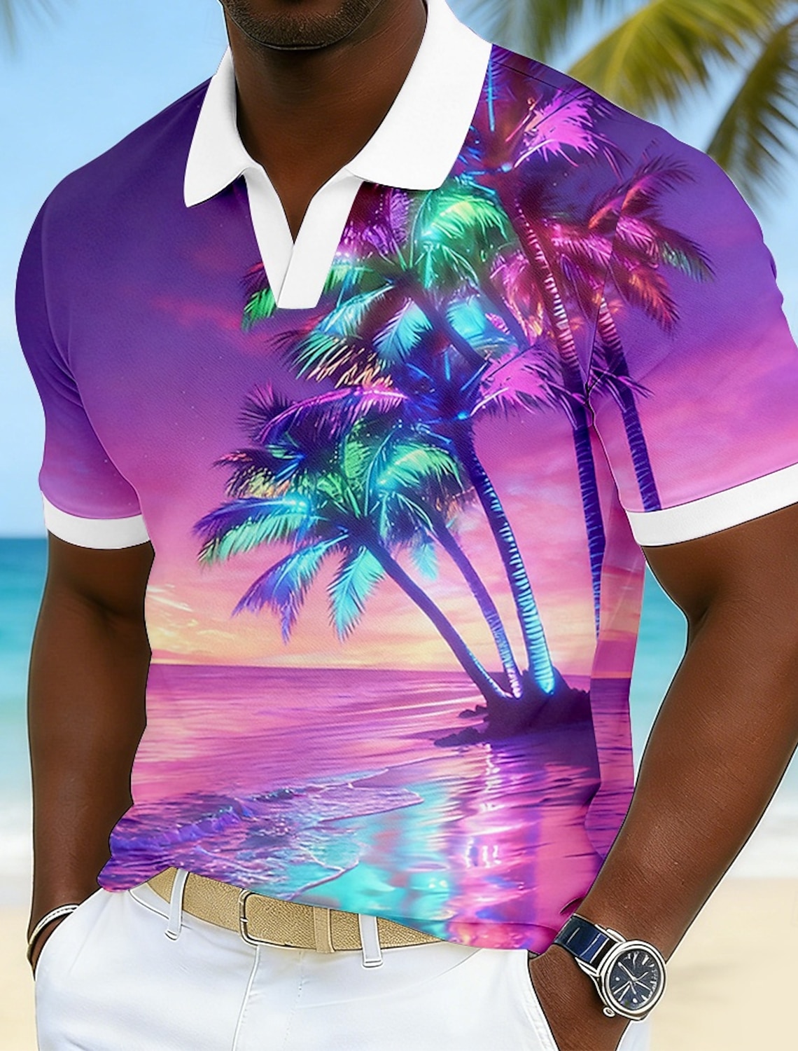 Men's Ombre Palm Tree Hawaiian Polo Shirts Short Sleeve Polo Shirts V Neck Casual Resort Athleisure Daily Wear Vacation Wear 3D Print Spring & Summer Blue Pink Purple