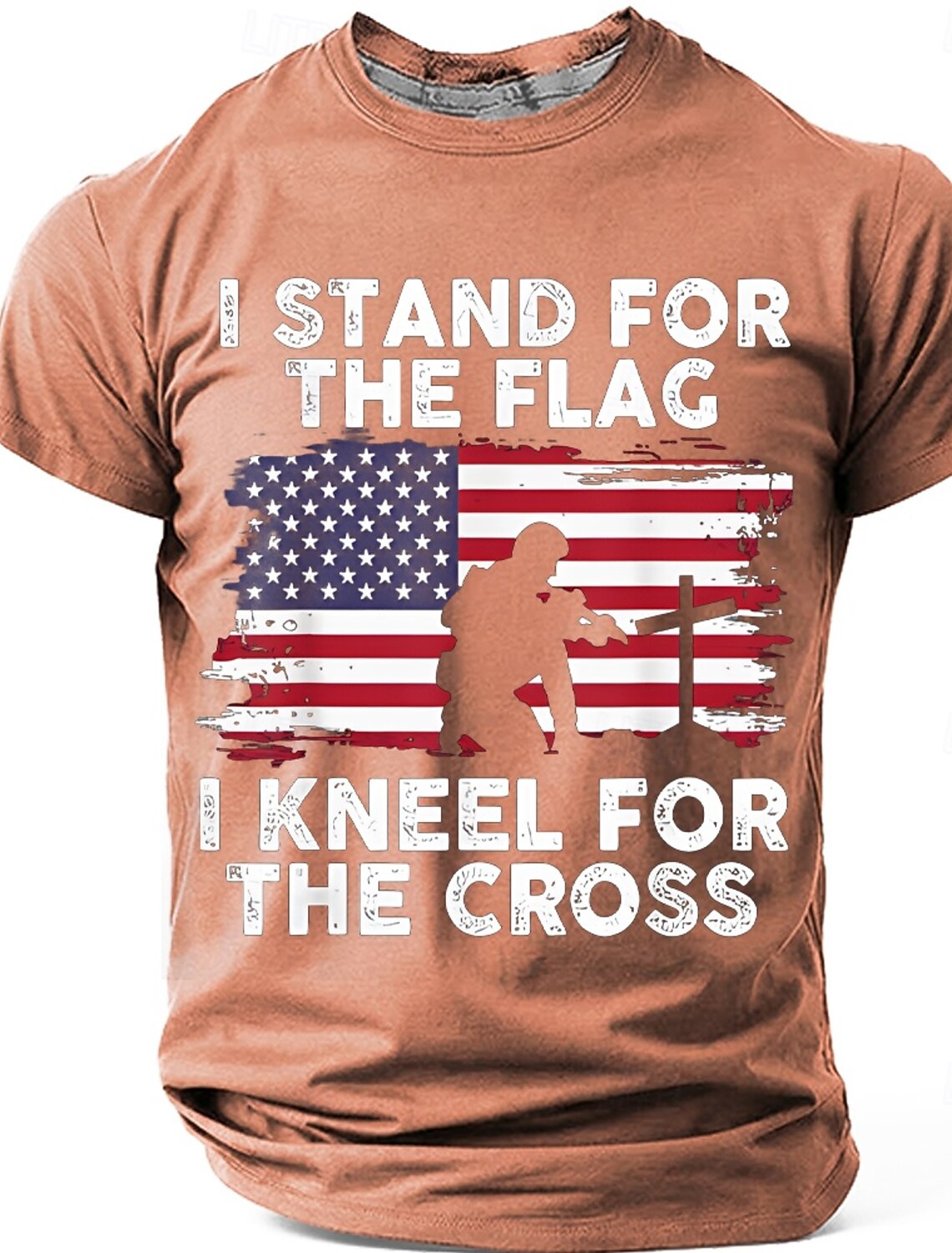 Memorial Day I Stand For The Flag I Kneel For The Cross Men's Bible American Flag Kneeling Soldier Christian Cross Patriotic Graphic T Shirt Vintage Casual Tee Designer Clothing Apparel