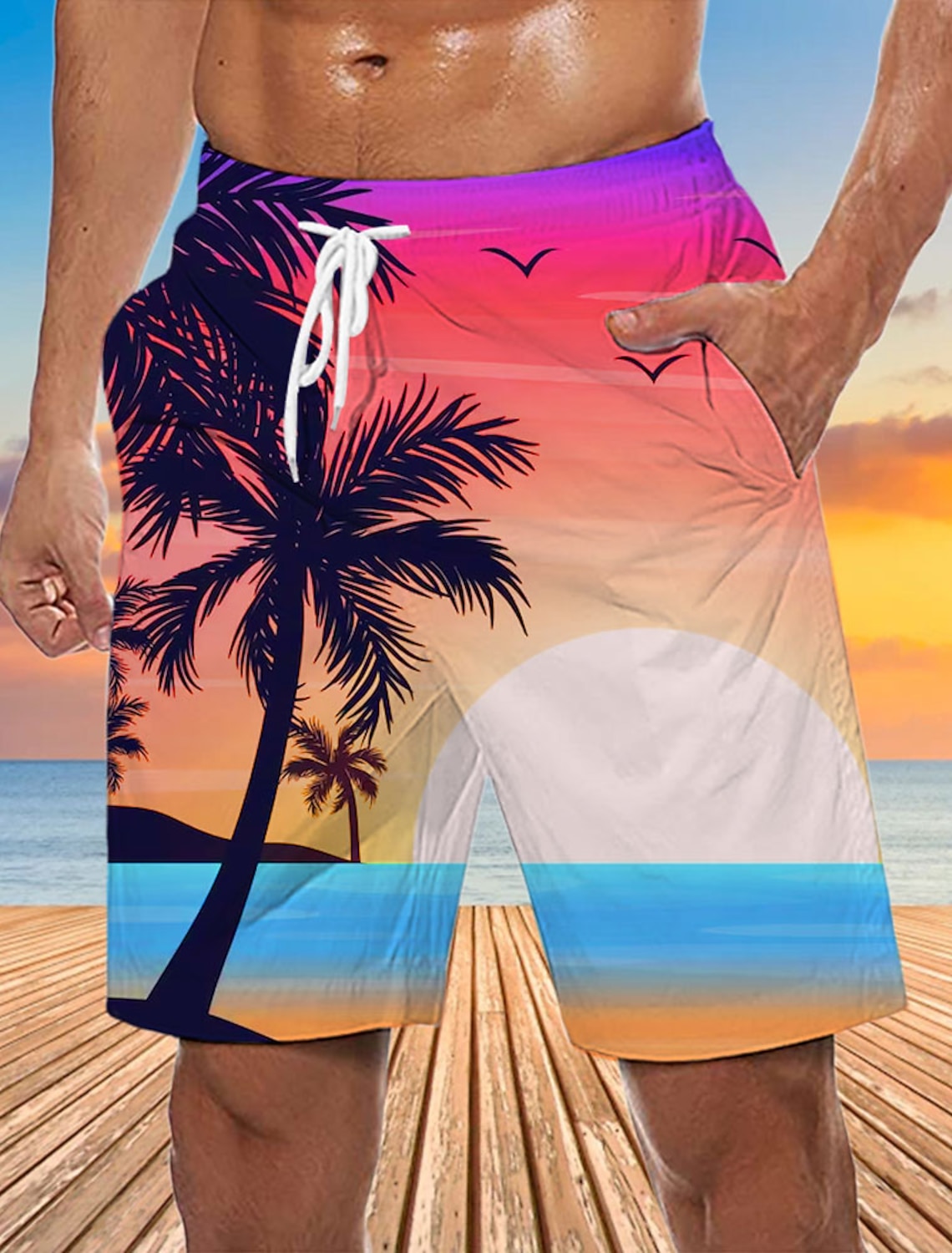 Men's Graphic Coconut Tree Swim Trunks Swim Shorts Board Shorts Mid Waist Streetwear Hawaiian Boho Casual Daily Holiday Drawstring Elastic Waist 3D Print Designer Clothing Apparel