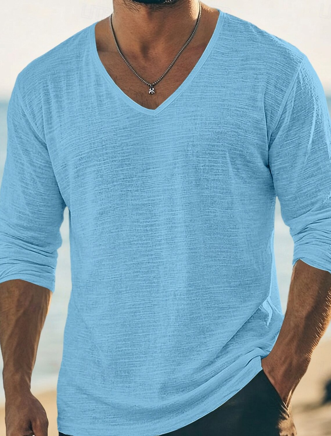 Men's Tee Top Linen T-Shirt Long Sleeve V Neck Summer Spring Solid
