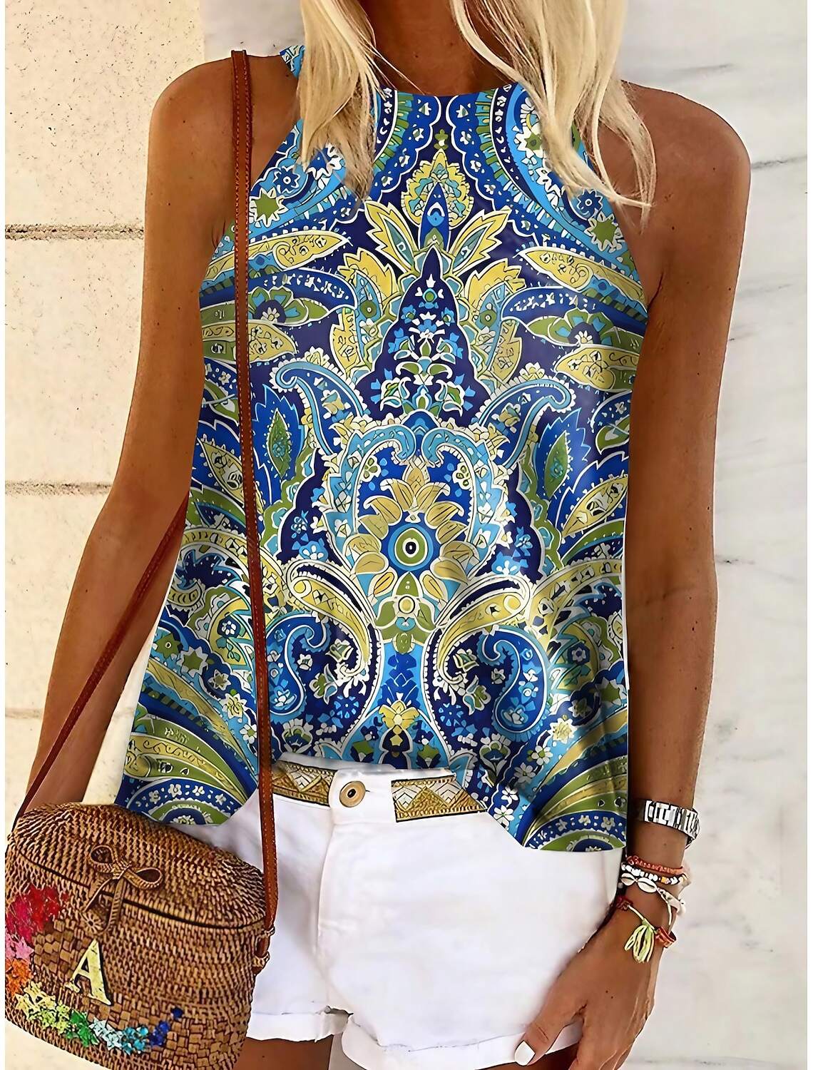 Women's Tank Top Halter Summer Tops Basic Paisley Vintage Ethnic Regular Tops Sleeveless Halter Neck Print Regular Fit Casual Holiday