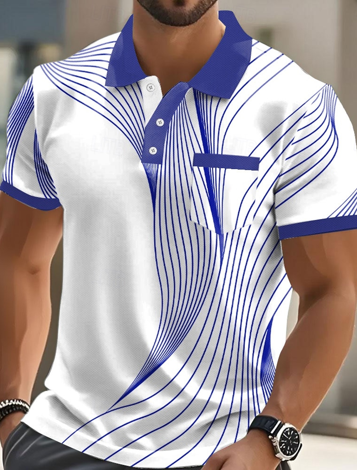 Men's Geometric Polo Long Sleeve Shirts Collared Business Casual