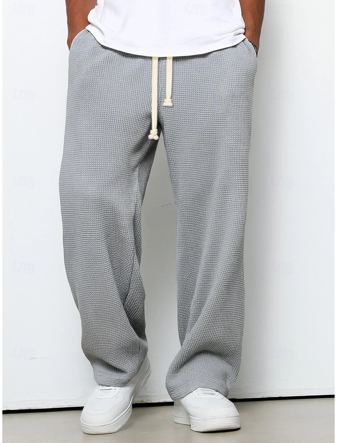 Men's Straight Leg Sweatpants Waffle Pants Drawstring Lattice