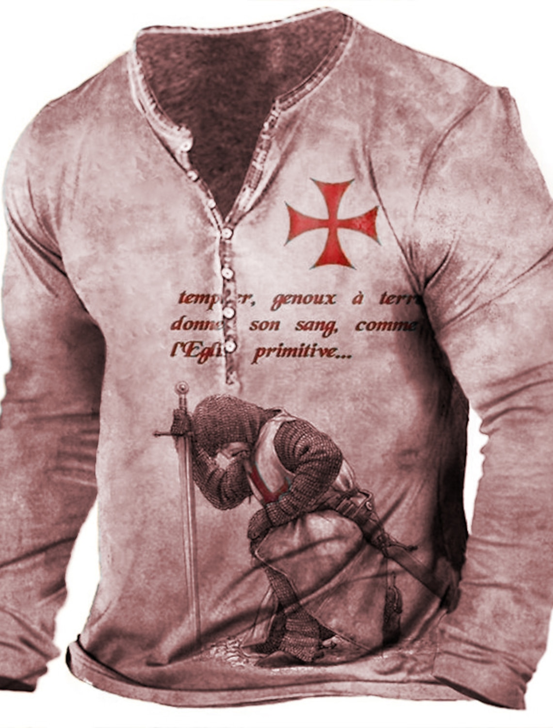 Men's T shirt Tee Henley Graphic Templar Cross Soldier Light Green Red