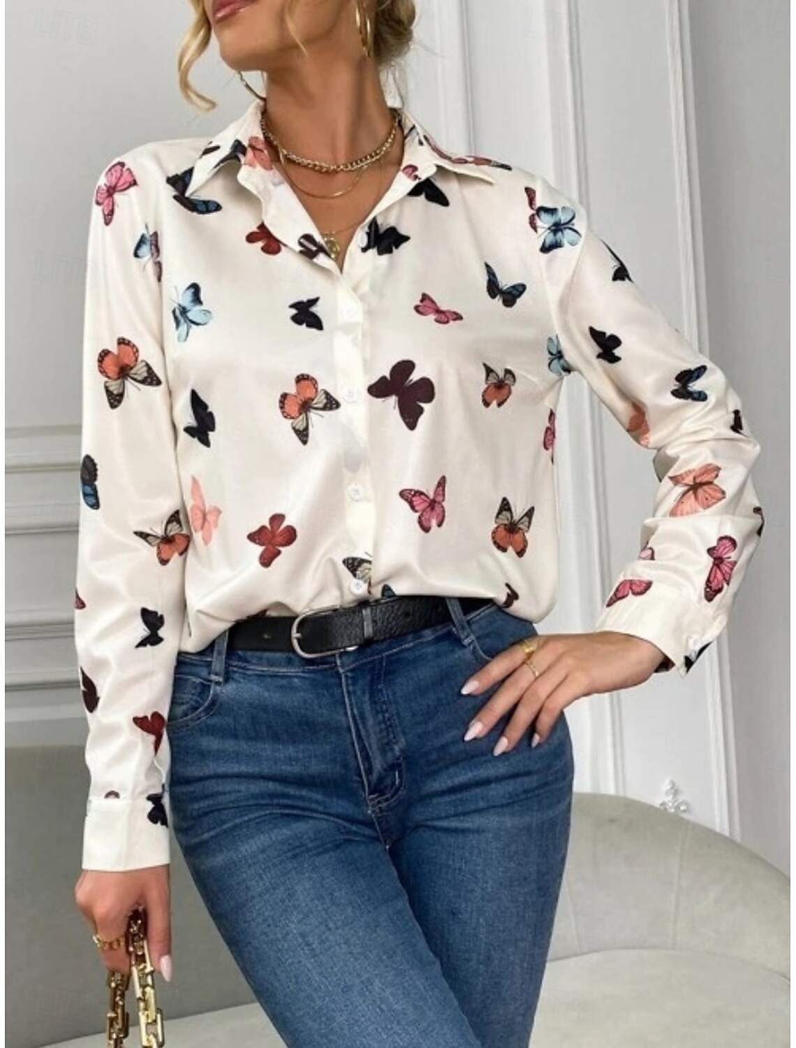 Women's Shirt Blouse Stylish Casual Butterfly Regular Tops Long Sleeve Shirt Collar Buttons Print Regular Fit Daily Summer Spring