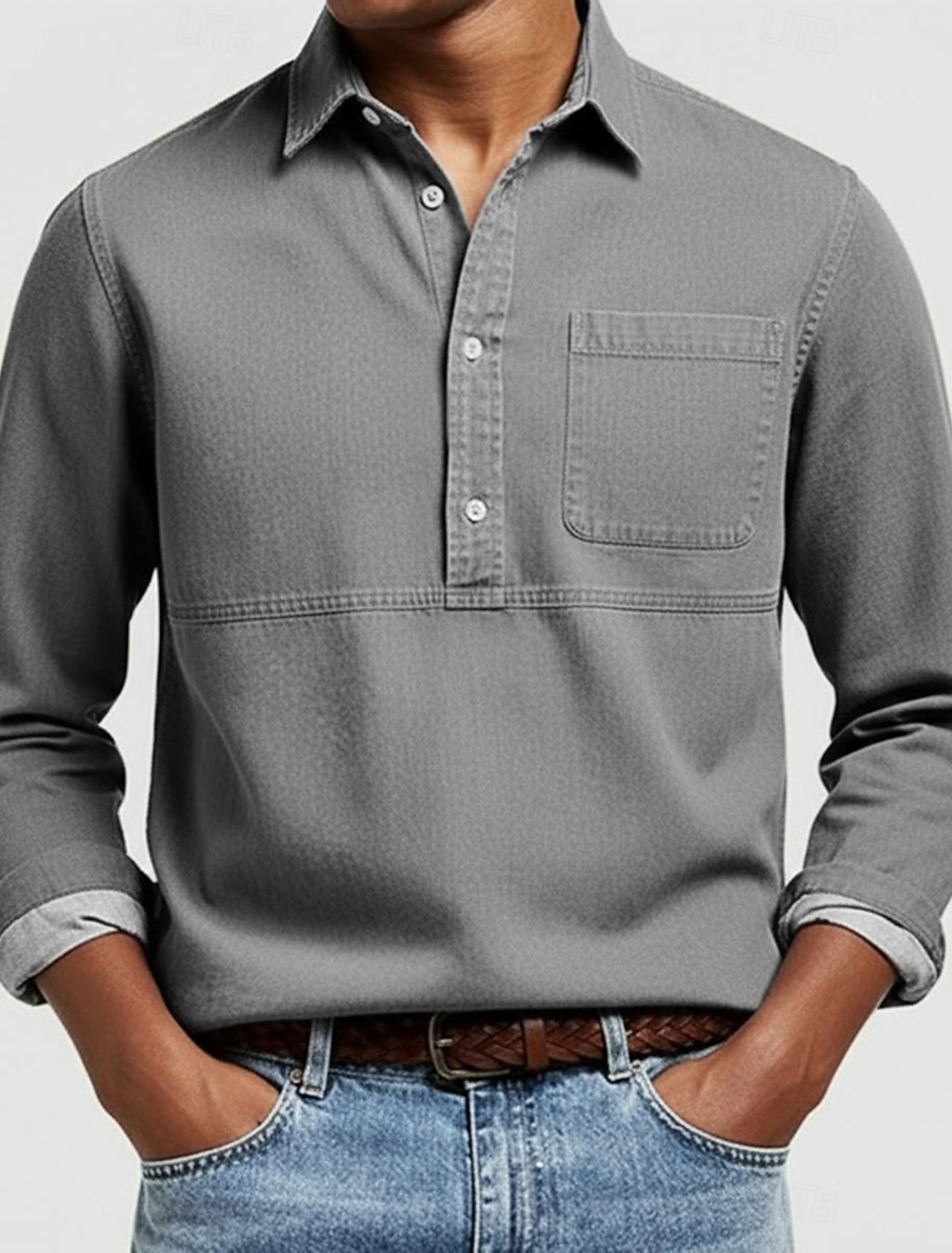 Men's Popover Shirt Oxford Pink Navy Blue Dark Gray Light Long Sleeve