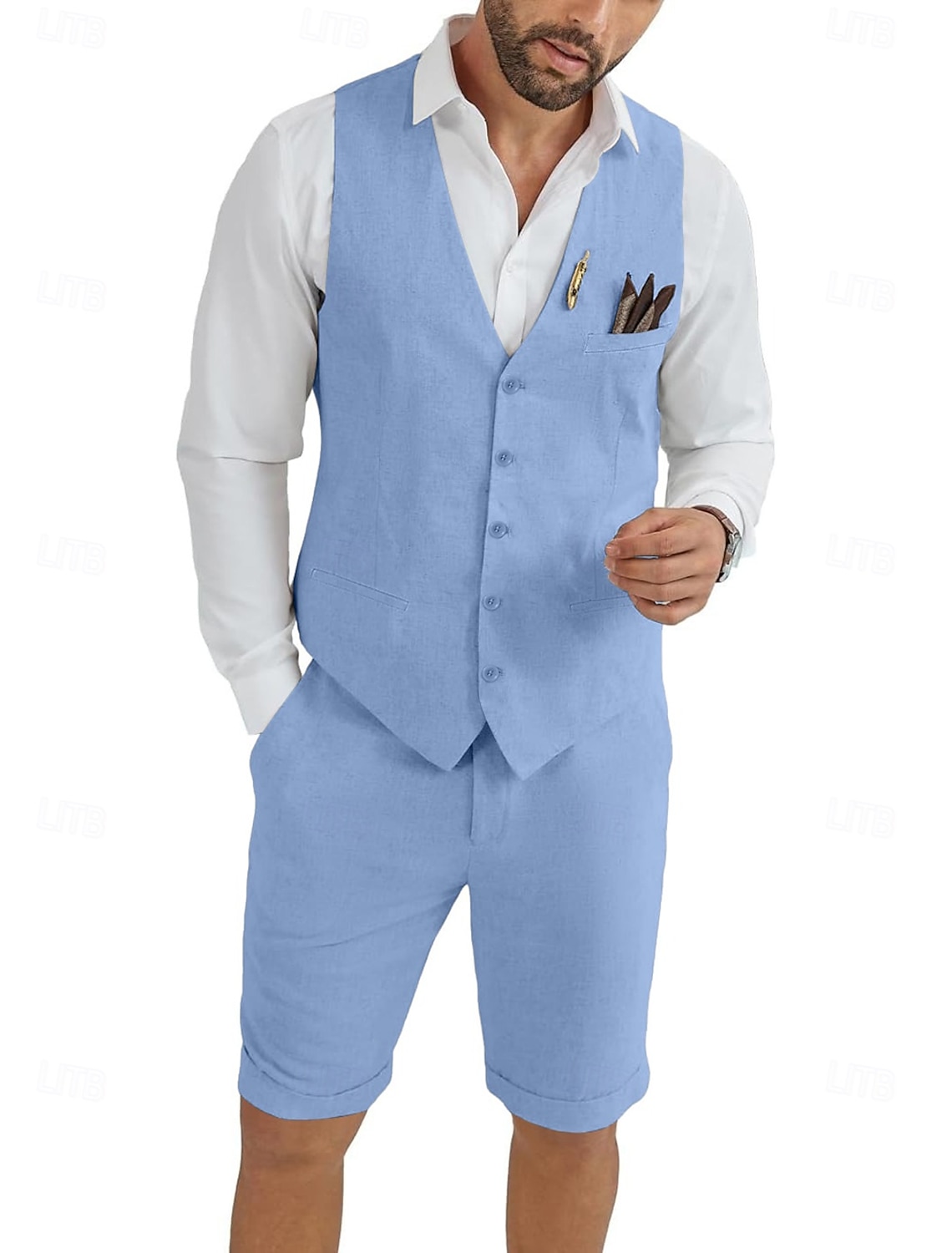Men's Linen Waistcoat Suits Wedding Shorts Vest Summer Solid Formal Light Blue Sky Blue Dark Navy Colored Causal 2 Piece Tailored Fit