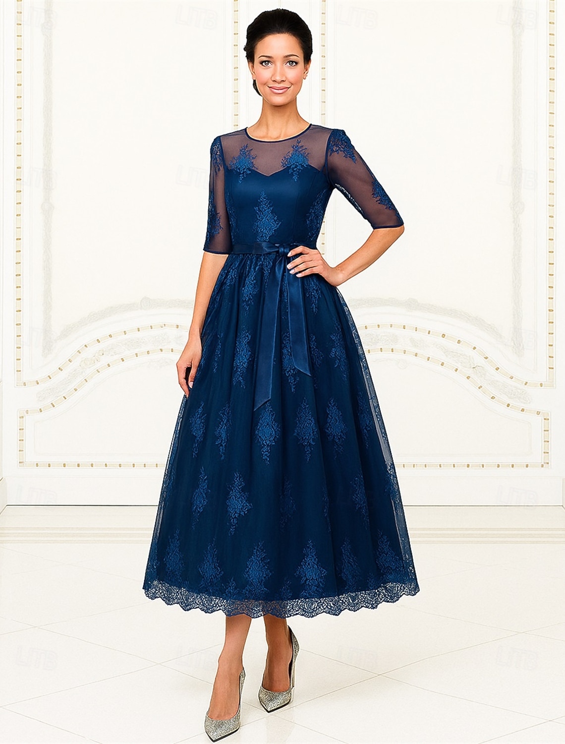 A-Line Ankle Length Party Dress Cocktail Dress Wedding Guest Dress Mother of the Bride Dress Short Sleeve Crew Neck Elegant Formal Formal Evening Wedding Party with Lace