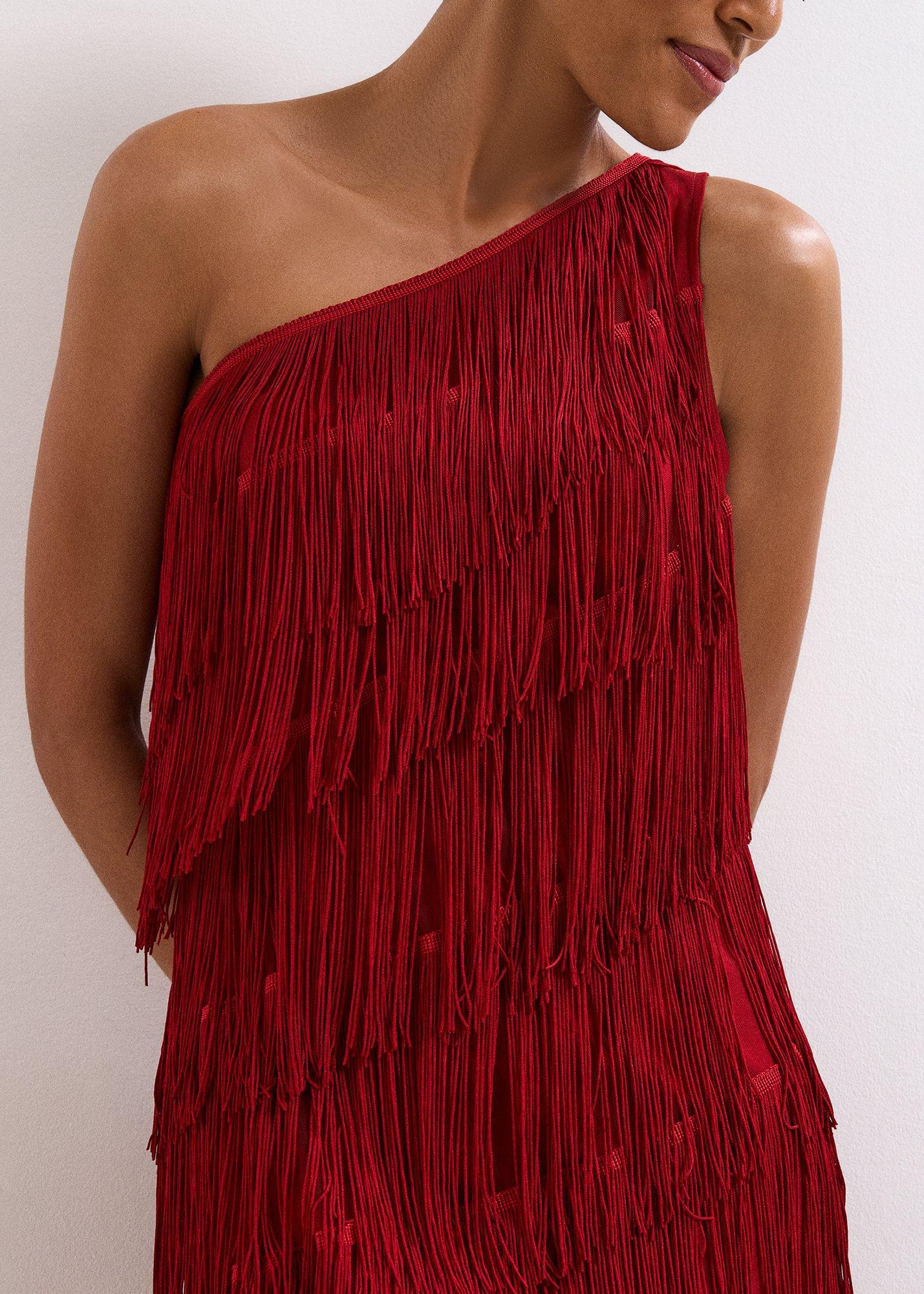 Otto Red One Shoulder Fringe Maxi Dress