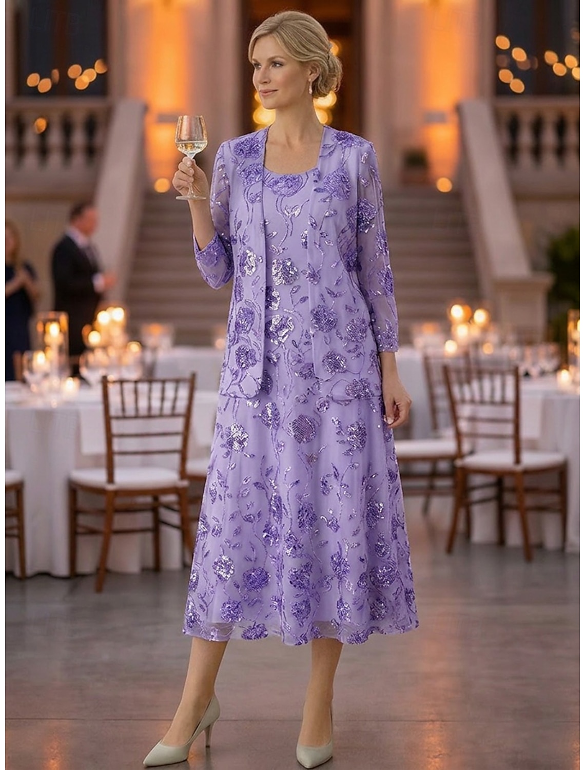 Two Piece A-Line Ankle Length Tea Length Wedding Guest Dress Mother of the Bride Dress Sleeveless Long Sleeve Scoop Neck Elegant Luxurious Sparkle & Shine Formal Wedding Guest Chiffon Sequined with