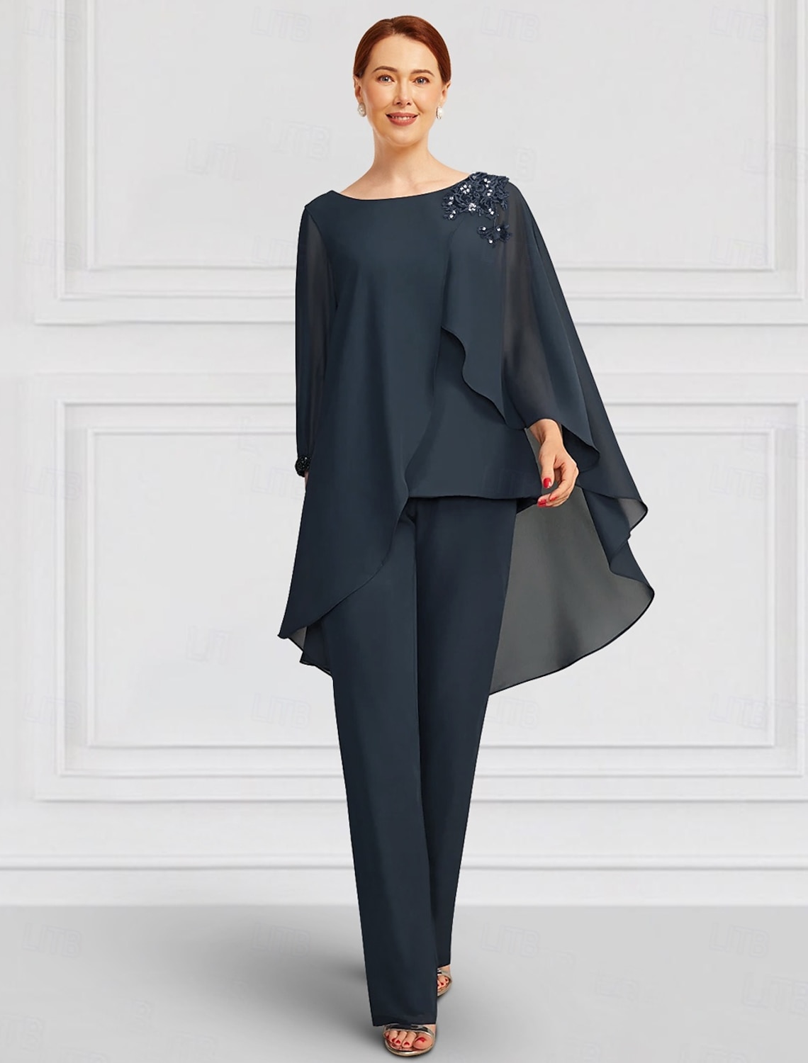 Two Piece Jumpsuit Pantsuit Floor Length Mother of the Bride Dress Long Sleeve Jewel Neck Elegant Formal Wedding Guest Chiffon Wrap Included with Lace Ruffles Solid Color