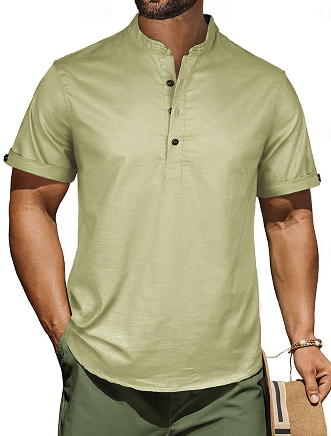 Men's Waffle T-shirt Linen Shirt T Henley Short Sleeve Stand Collar