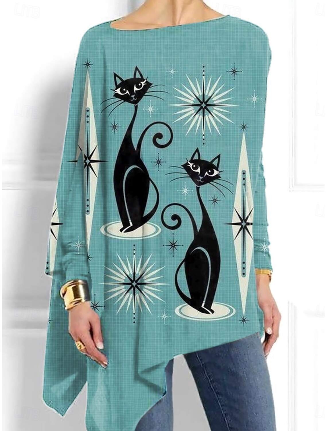 Women's Shirt Blouse Casual Cat Long Tops Long Sleeve Crew Neck Print Asymmetric Hem Regular Fit Daily Fall Winter