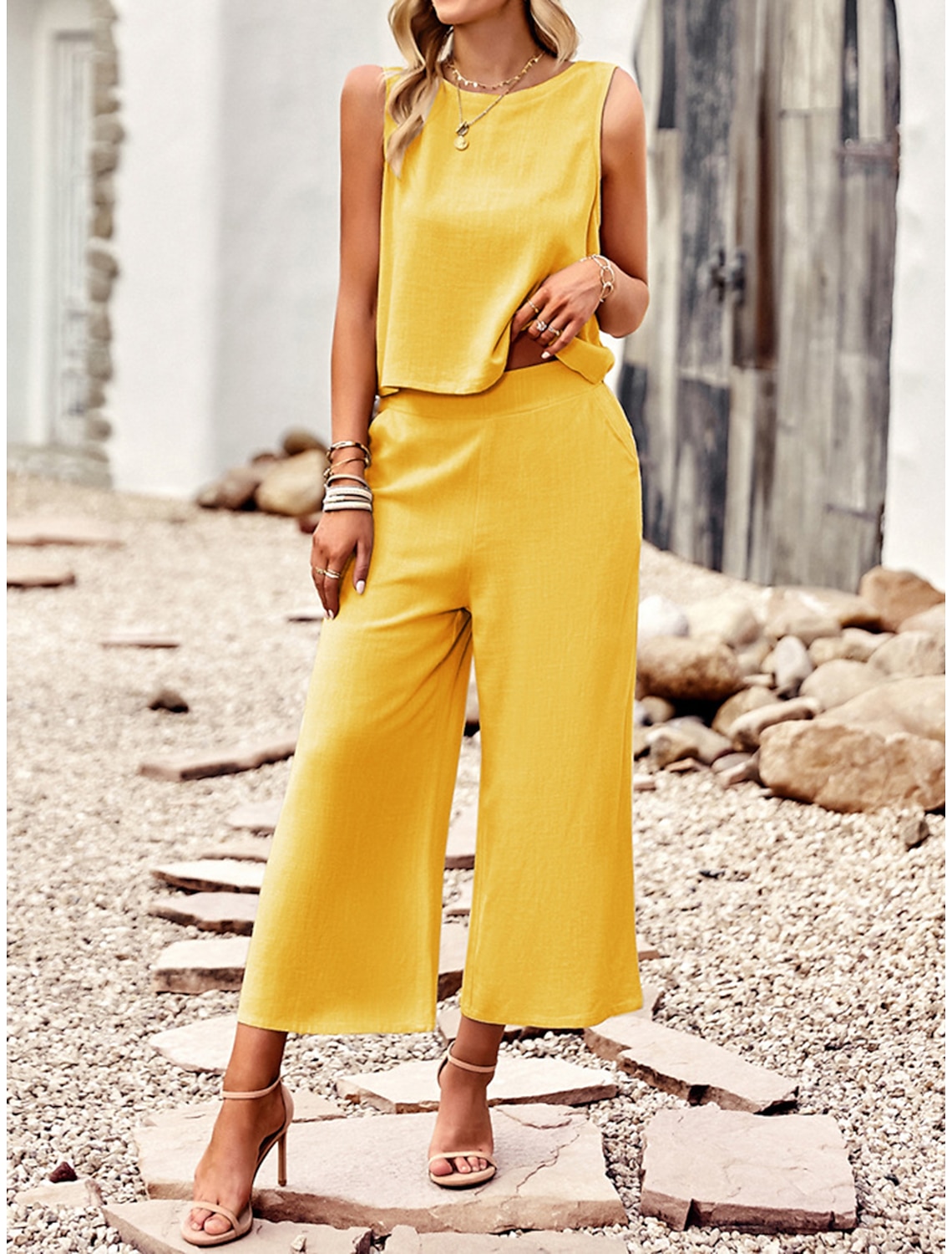 Tank Top Pants Sets Women's Solid Color Casual Daily Fashion Round Neck Regular Fit S