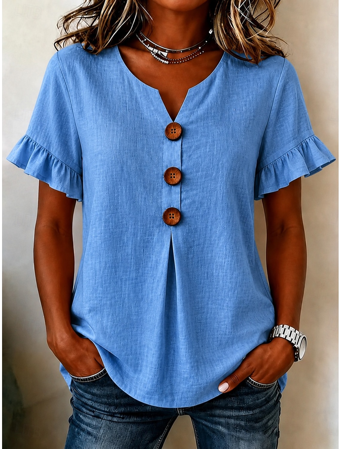 Women's Linen Shirts Blouse Buttons Solid Color Daily Casual 3/4 Length Sleeve V Neck Regular Tops Daily Black White Red Orange Green Summer Spring Fall