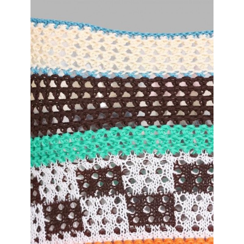 Openwork Crochet Checkered Striped Cap Sleeve Crop Top EM2890