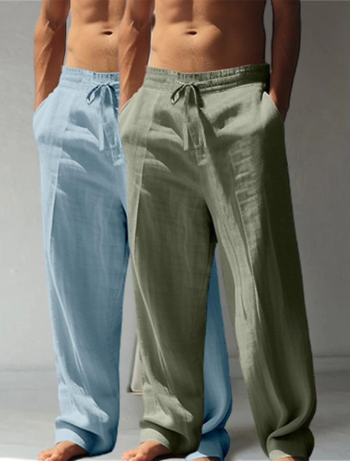 Men's Linen Pants Trousers Summer Pants Baggy Pants Beach Pants Drawstring Elastic Waist Straight Leg Plain Comfort Breathable Full Length Casual Daily Holiday Vacation Classic Style Green+Gray