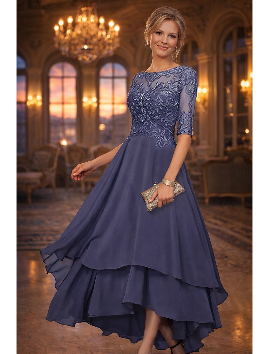 A-Line Asymmetrical Party Dress Cocktail Dress Wedding Guest Dress Mother of the Bride Dress Half Sleeve Boat Neck Elegant Simple Formal Wedding Guest with Solid Color