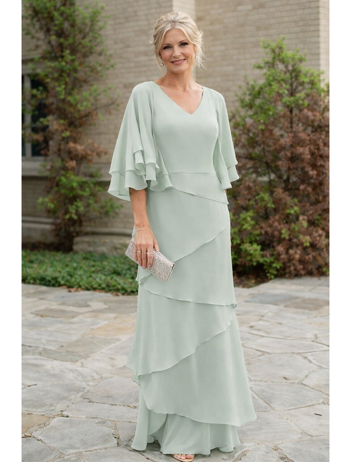 Two Piece A-Line Floor Length Wedding Guest Dress Formal Dresses Tiered Dress Mother of the Bride Dress Half Sleeve V Neck Elegant Wrap Included Wedding Guest Engagement Party Chiffon Wrap Included