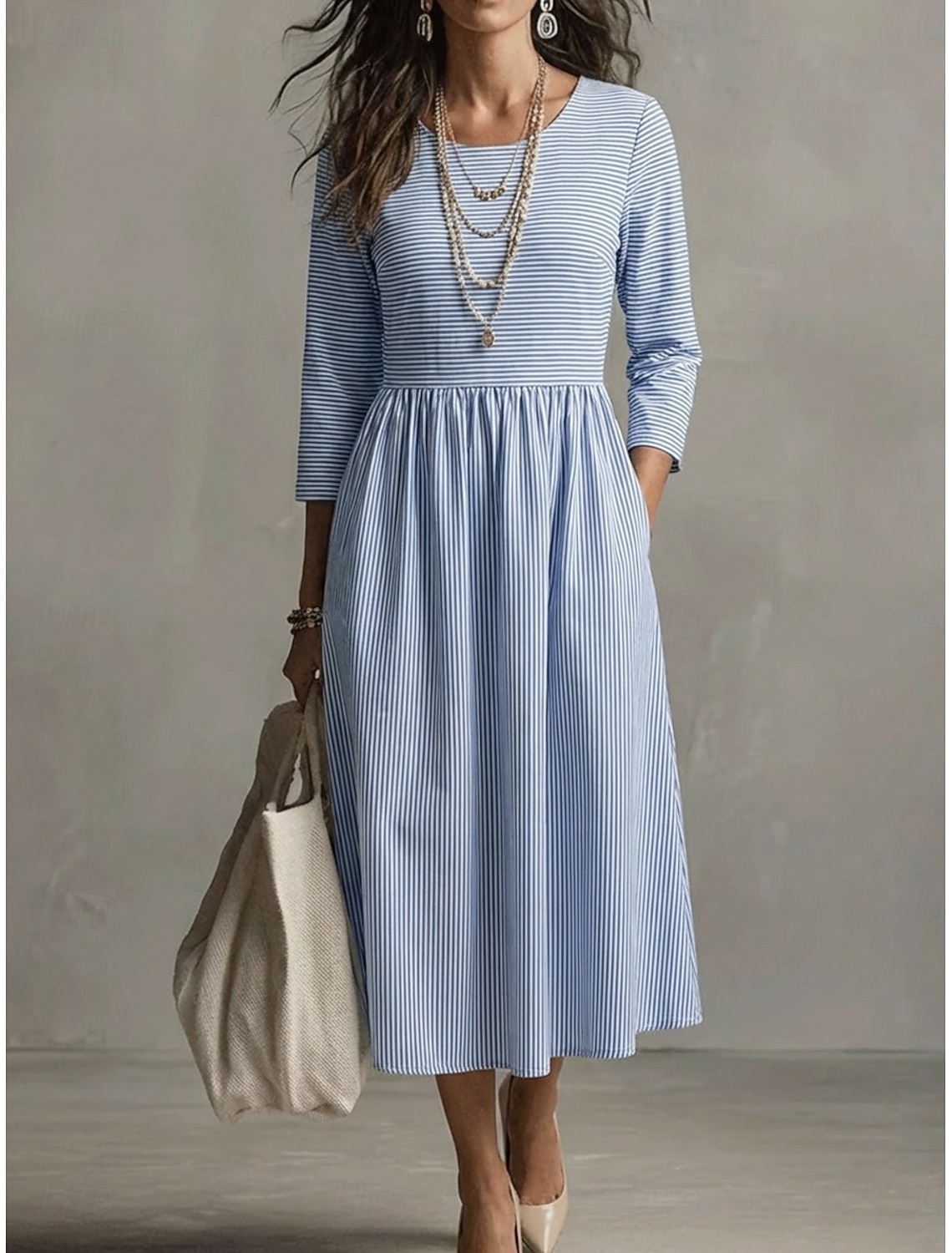 Women's Midi Dress Casual Dress Cotton Dress A Line Dress Fashion Modern Daily Outdoor Vacation Regular Fit Striped 3/4 Length Sleeve Crew Neck Light Blue Summer Spring