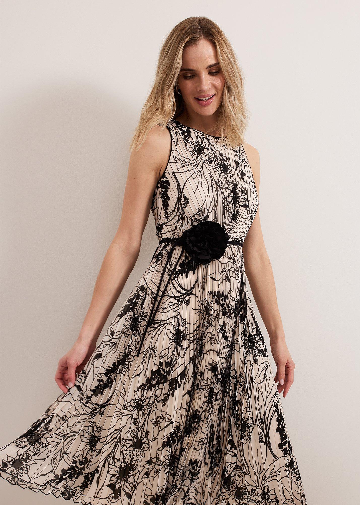 Sandra Printed Pleat Midi Dress