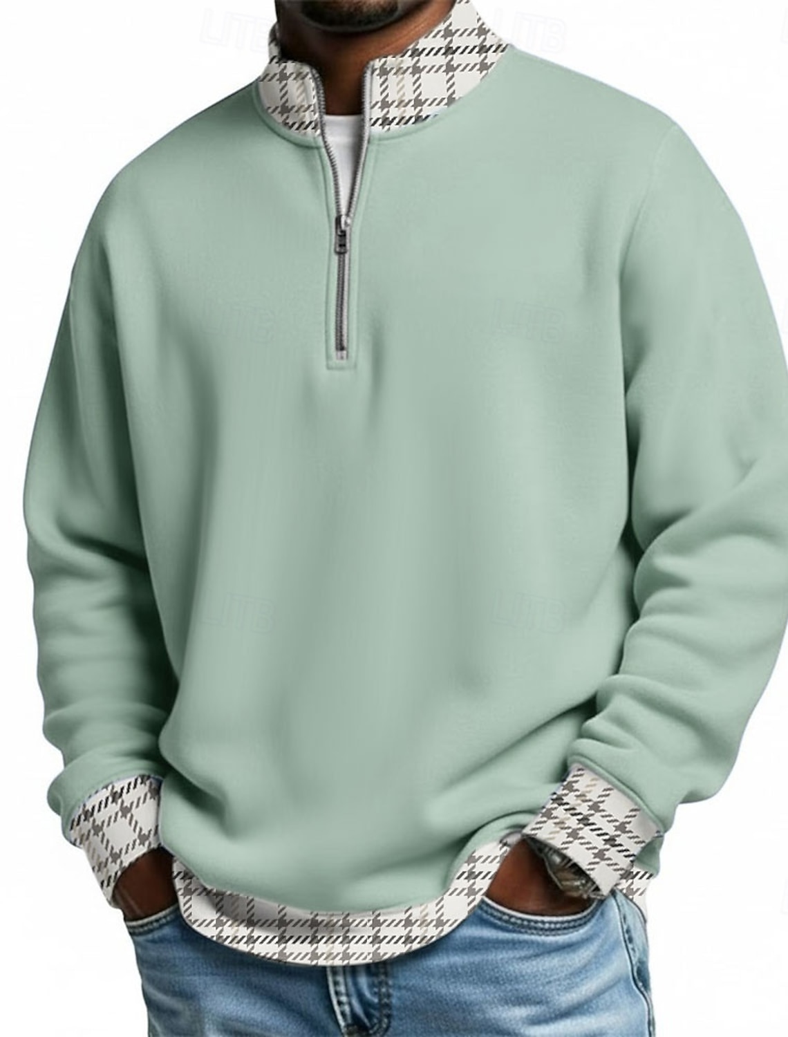 Men's Plaid Zip Polo Shirts Long Sleeve Grandad Collar Casual School