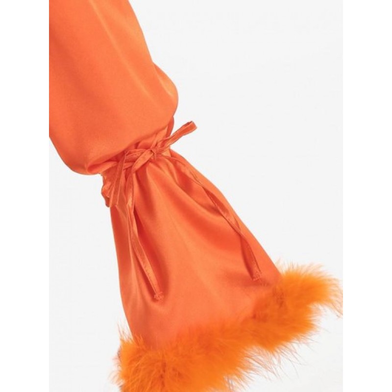 Satin Puff Sleeve Feather Trim Wrap Blouse PY6621