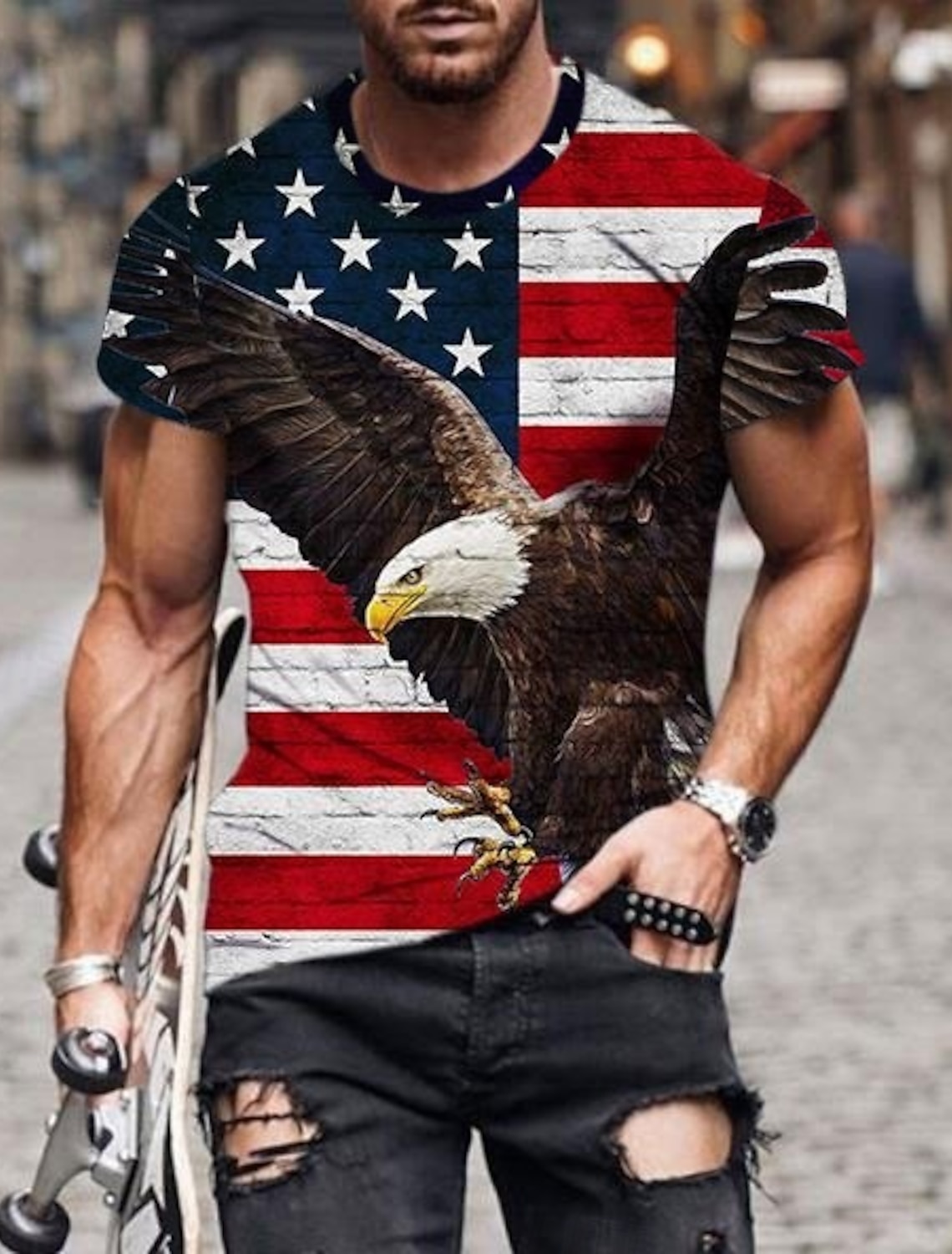4th of July 2026 250th Memorial Day Men's Patriotic Patriot Graphic 3D Print American Flag Veteran Crew Neck Short Sleeve T-Shirt