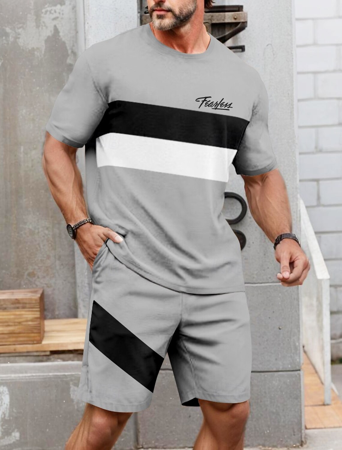 Men's Striped 2pcs Tees sets Summer Tops Short Sleeve Pants Crew Neck