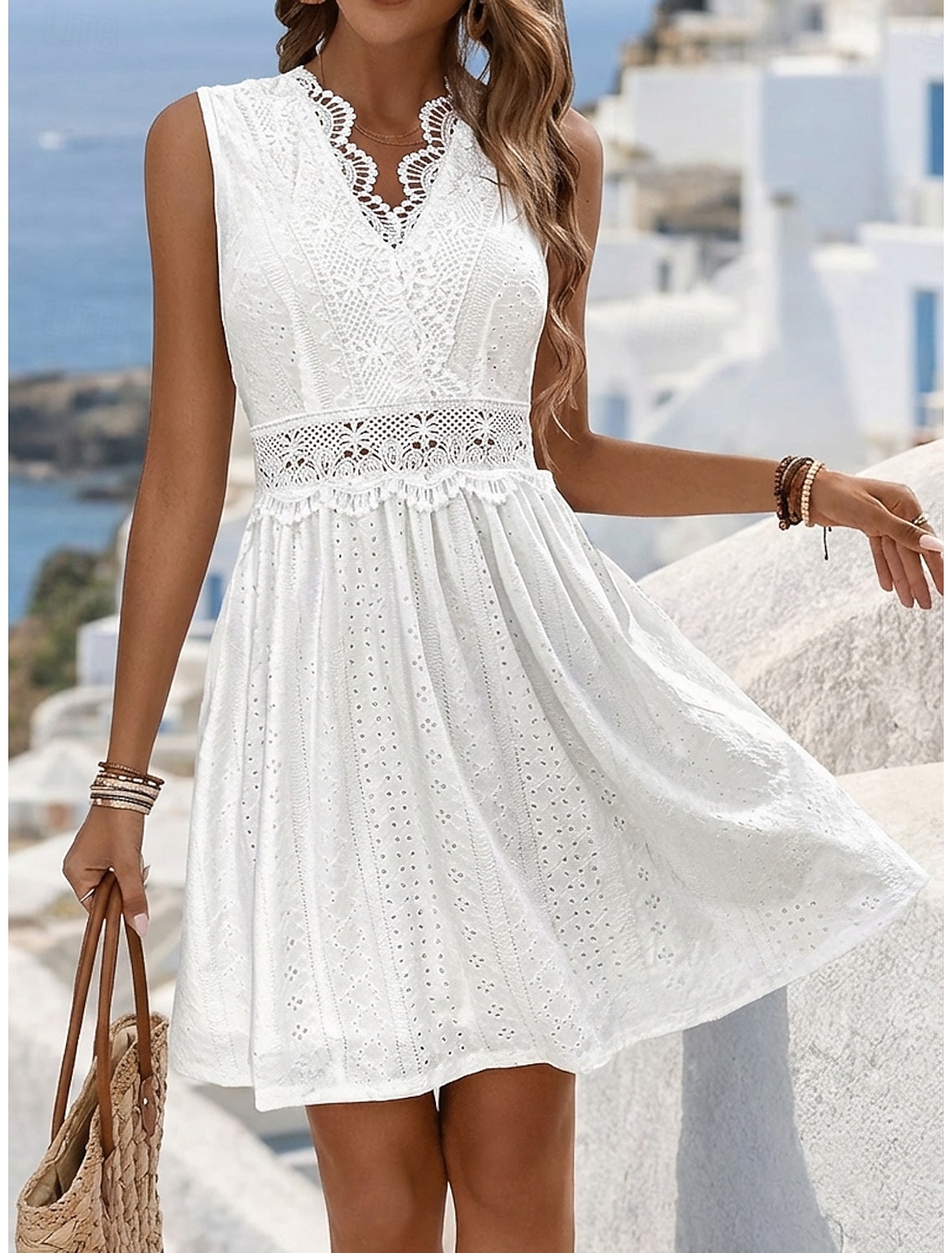 Women's Knee Length Dress Lace Dress White Dress Casual Dress Summer Dress Elegant Fashion Beach Vacation Holiday Regular Fit Floral Sleeveless V Neck Blue Black White Yellow Summer Spring