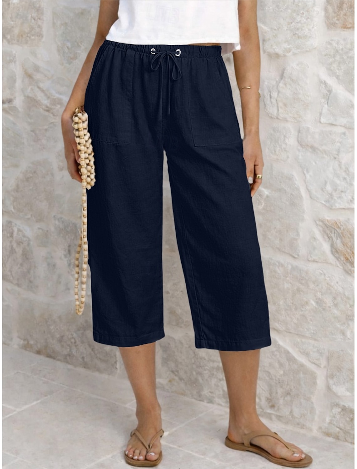 Women's Capri Pants Summer Shorts Cropped Pants Linen Capri Pants Fashion Basic Calf-Length Medium Waist Plain Drawstring Pocket Elastic Waist Lightweight Breathable Inelastic Vacation Street Daily