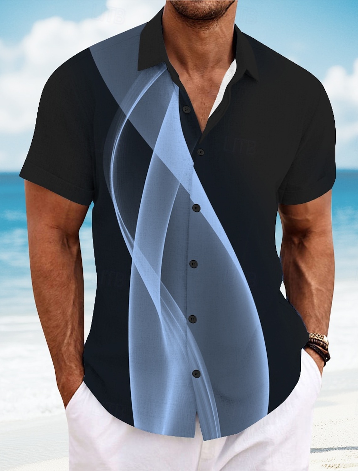 Men's Geometric Gradient Color Line Shirt Summer Button Up Short